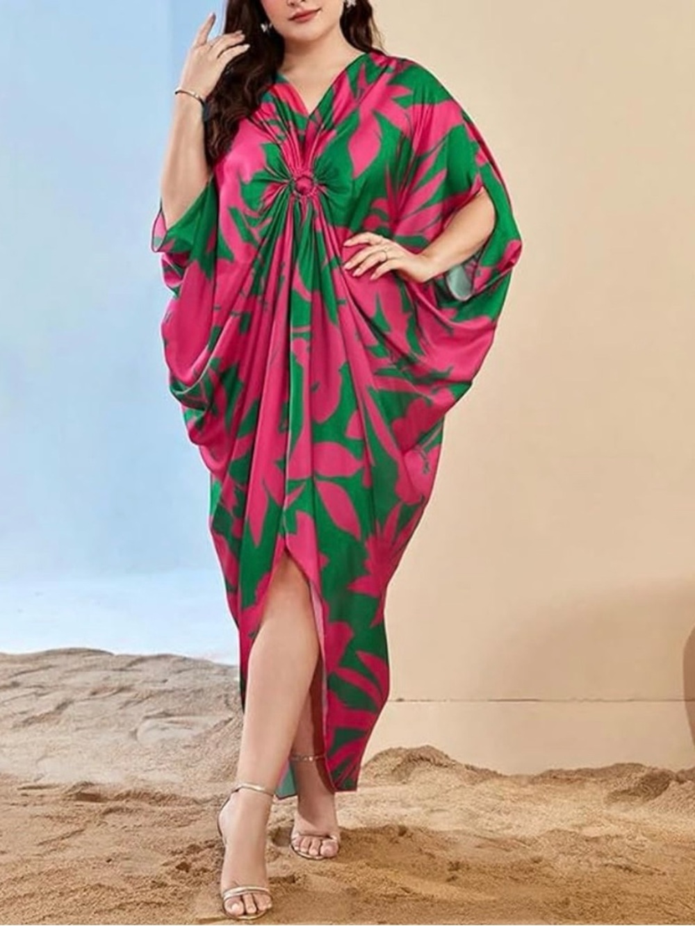 TOLEEN Kaftan Dress Oversized Robe Caftan One Size Green Pink